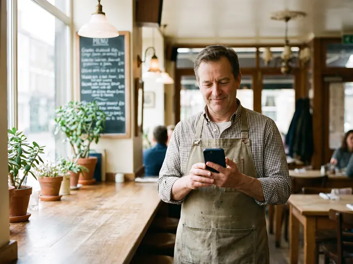 Een restauranteigenaar achter de toonbank kijkt op zijn telefoon.